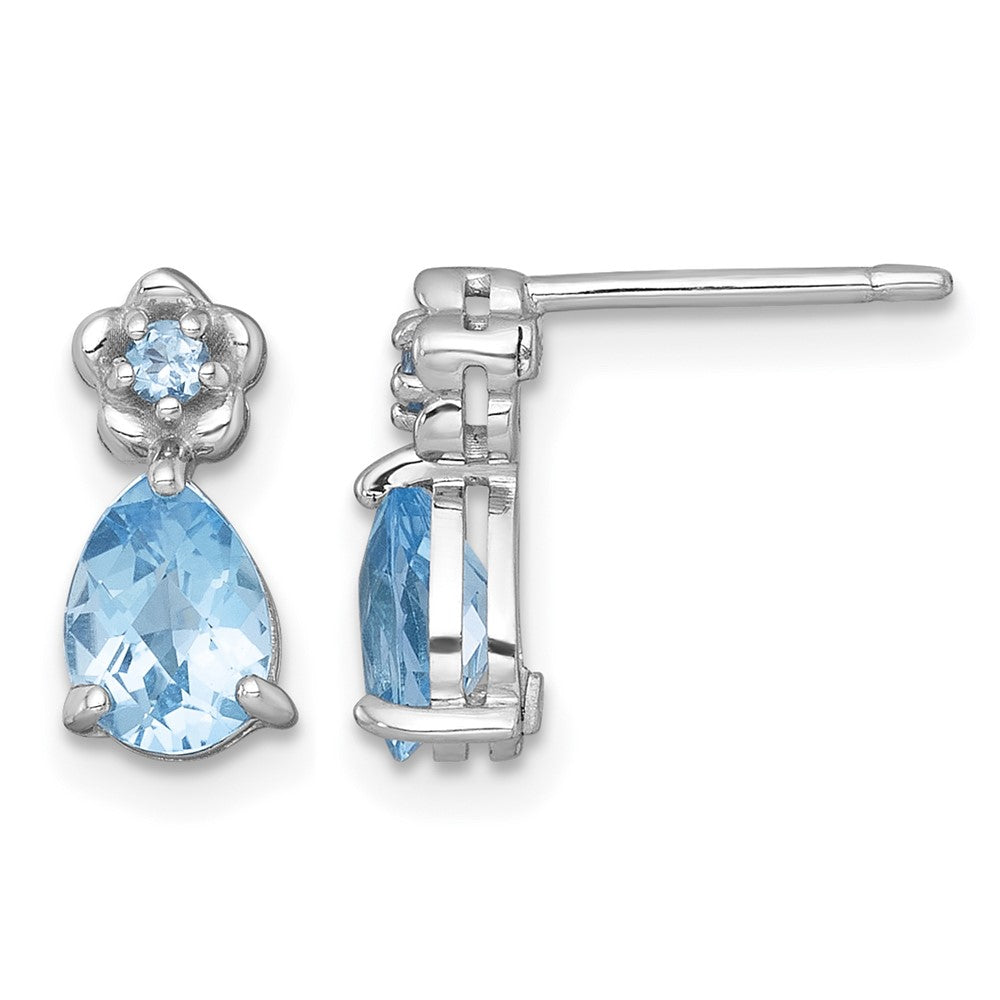 SS RH-plated Light Swiss Blue Topaz Teardrop & Flower Post Earrings