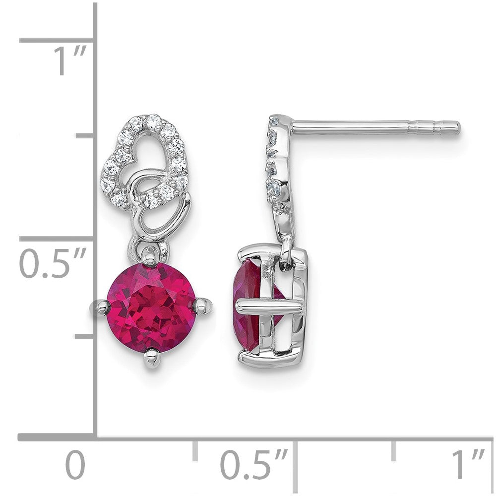 SS RH-plated Polished Cr. Ruby & CZ Heart Post Dangle Earrings