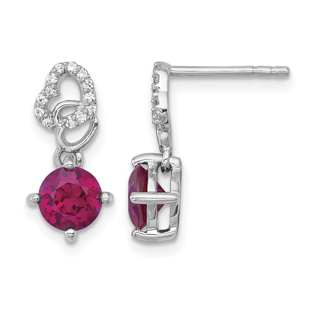SS RH-plated Polished Cr. Ruby & CZ Heart Post Dangle Earrings