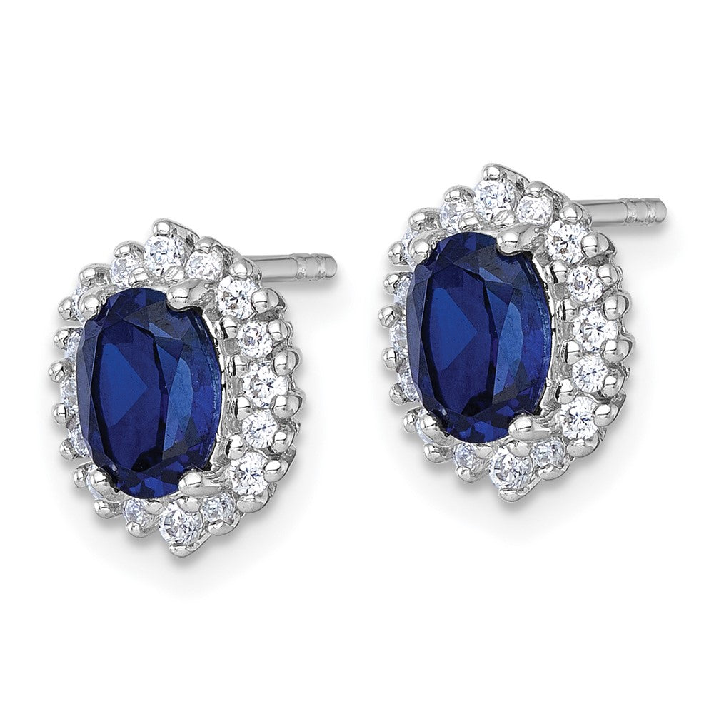 SS RH-plated Polished Cr. Sapphire CZ Oval Halo Post Earrings