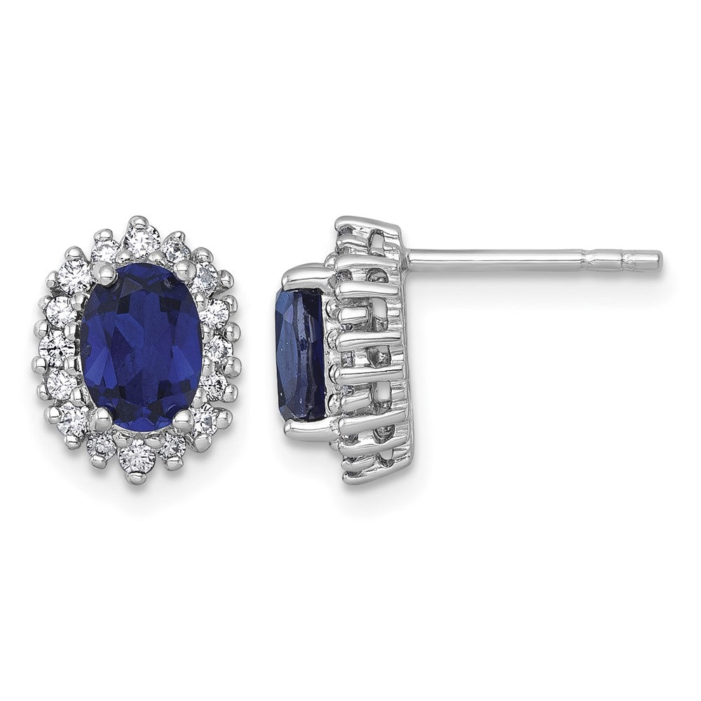 SS RH-plated Polished Cr. Sapphire CZ Oval Halo Post Earrings