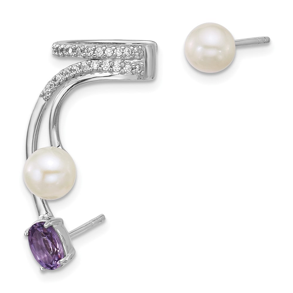 SS RH-plated CZ FWC Pearl Amethyst Post and Cuff Asymmetric Earrings
