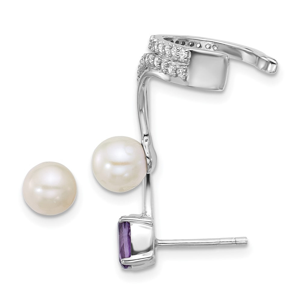 SS RH-plated CZ FWC Pearl Amethyst Post and Cuff Asymmetric Earrings