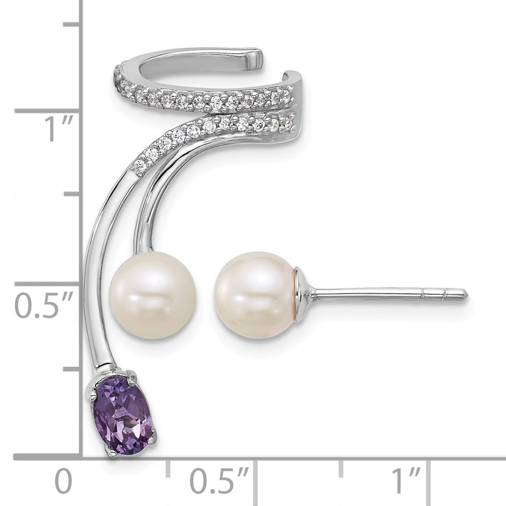 SS RH-plated CZ FWC Pearl Amethyst Post and Cuff Asymmetric Earrings