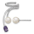 SS RH-plated CZ FWC Pearl Amethyst Post and Cuff Asymmetric Earrings
