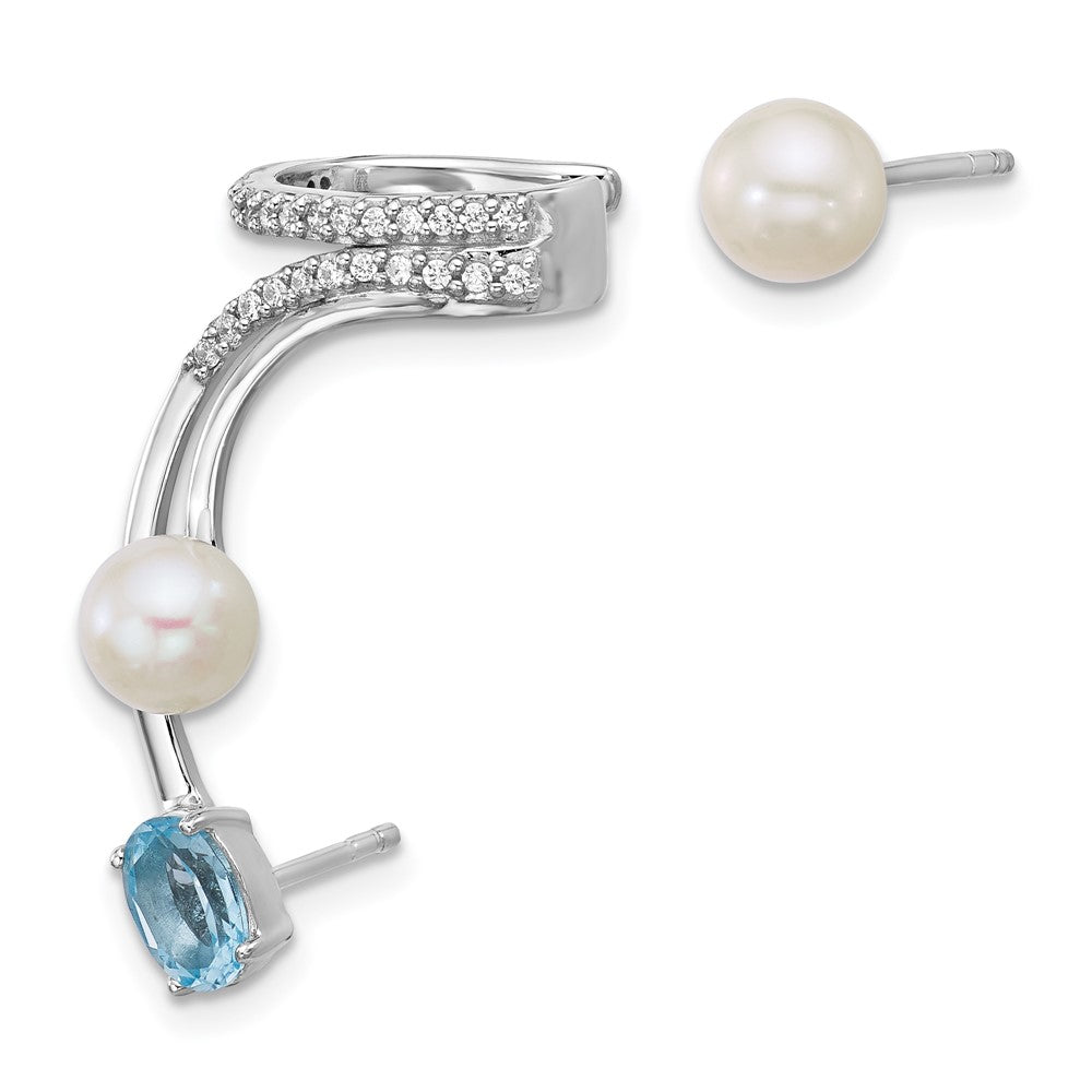 SS RH-plated CZ FWC Pearl Blue Topaz Post and Cuff Asymmetric Earrings