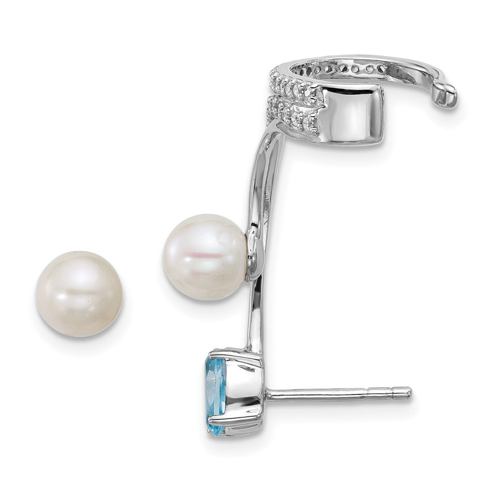 SS RH-plated CZ FWC Pearl Blue Topaz Post and Cuff Asymmetric Earrings