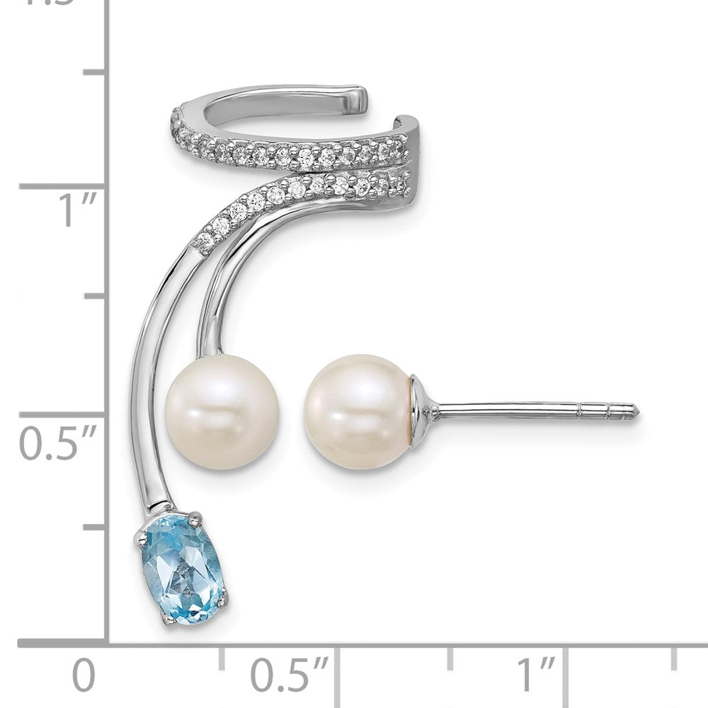 SS RH-plated CZ FWC Pearl Blue Topaz Post and Cuff Asymmetric Earrings