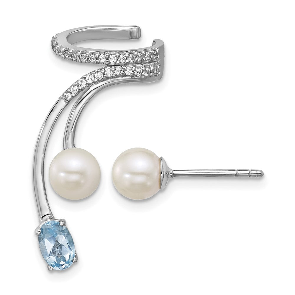 SS RH-plated CZ FWC Pearl Blue Topaz Post and Cuff Asymmetric Earrings