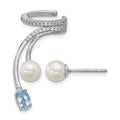SS RH-plated CZ FWC Pearl Blue Topaz Post and Cuff Asymmetric Earrings