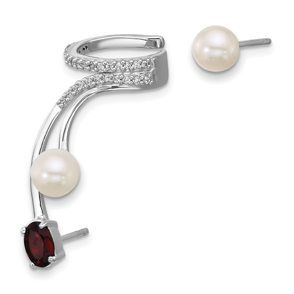 SS RH-plated CZ FWC Pearl Garnet Post and Cuff Asymmetric Earrings