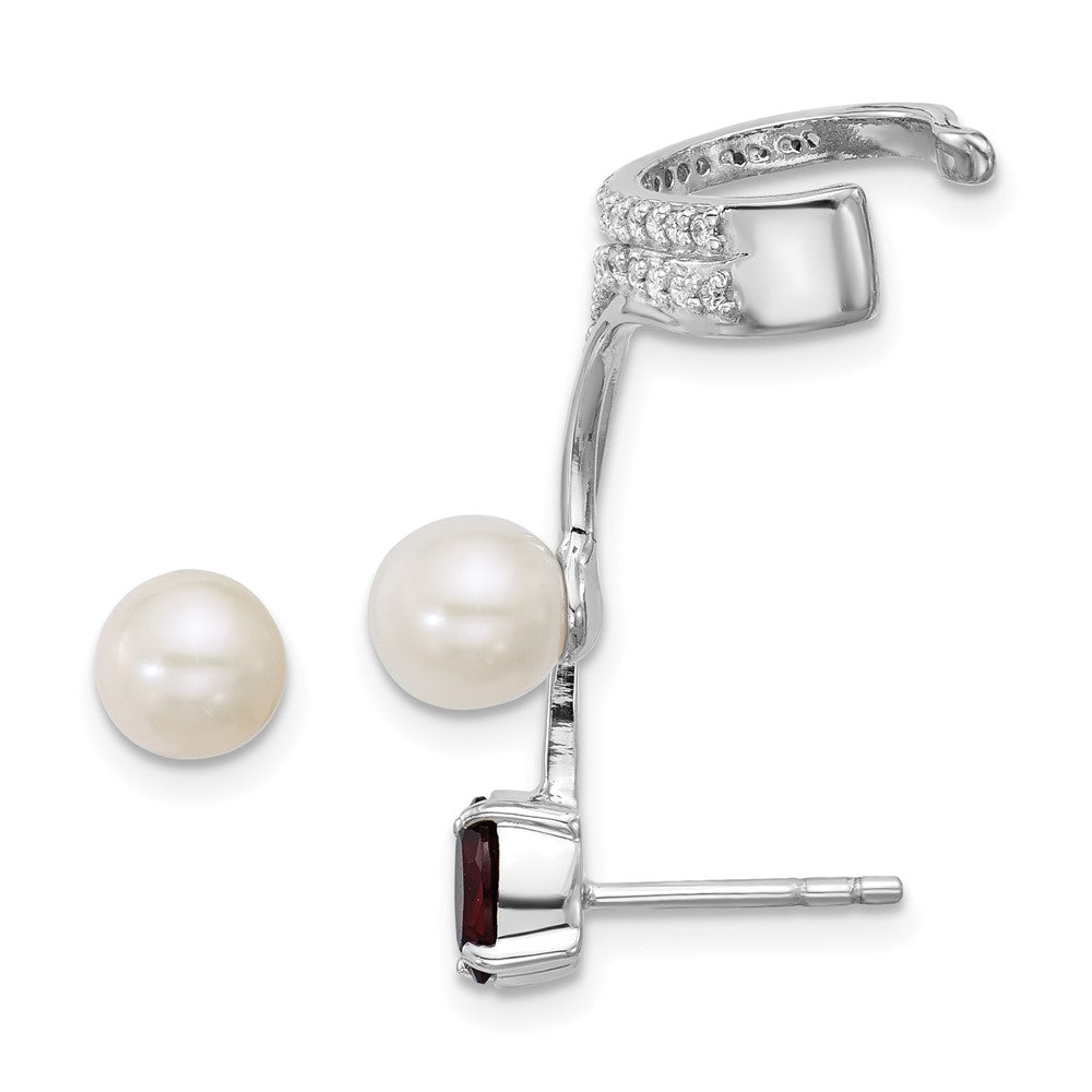 SS RH-plated CZ FWC Pearl Garnet Post and Cuff Asymmetric Earrings