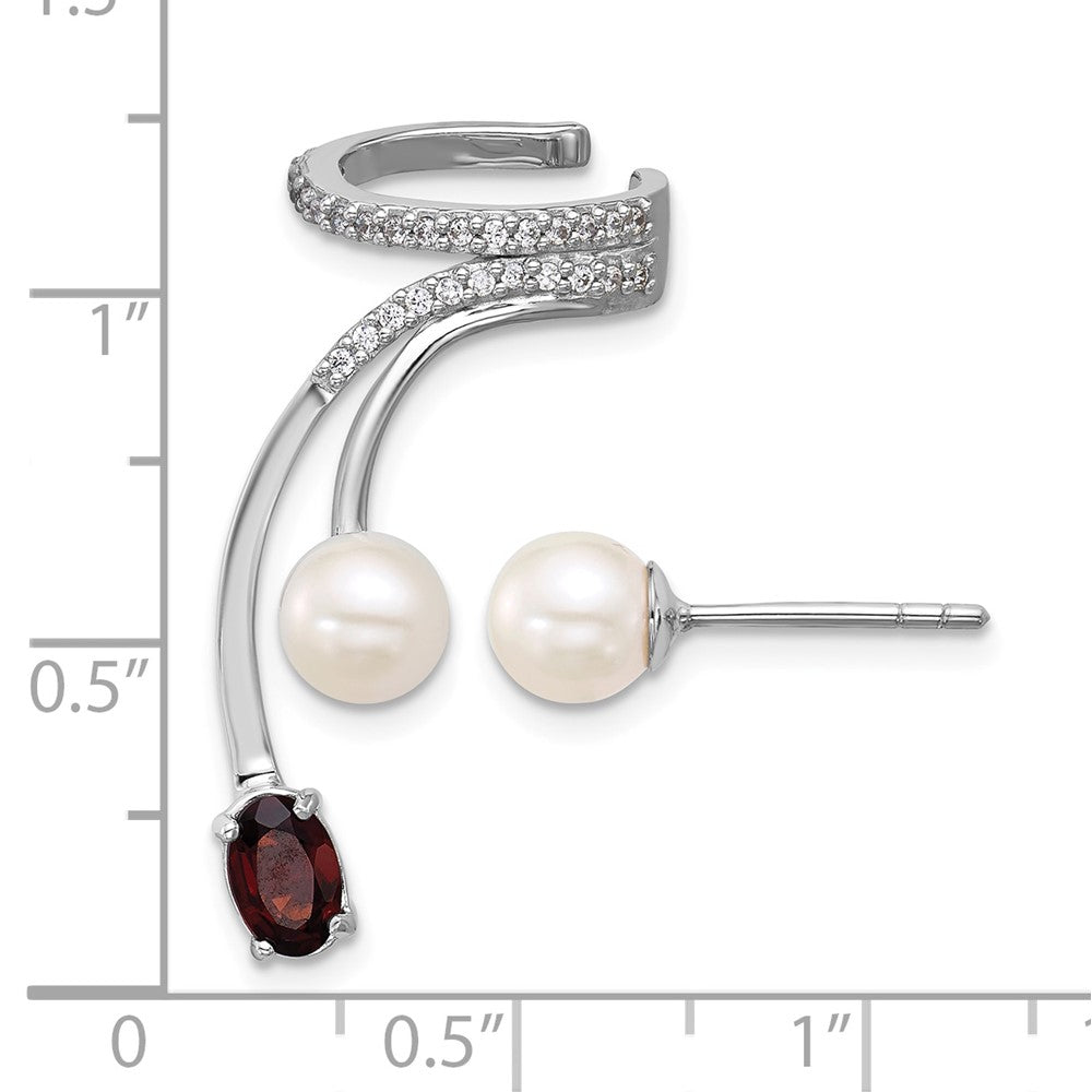 SS RH-plated CZ FWC Pearl Garnet Post and Cuff Asymmetric Earrings