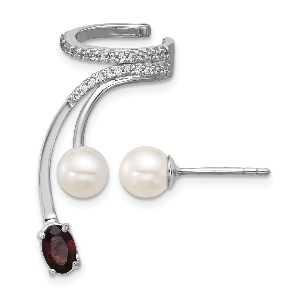 SS RH-plated CZ FWC Pearl Garnet Post and Cuff Asymmetric Earrings