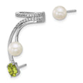 SS RH-plated CZ FWC Pearl Peridot Post and Cuff Asymmetric Earrings