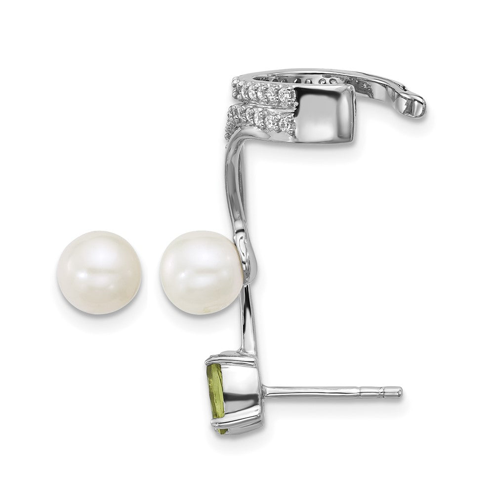 SS RH-plated CZ FWC Pearl Peridot Post and Cuff Asymmetric Earrings