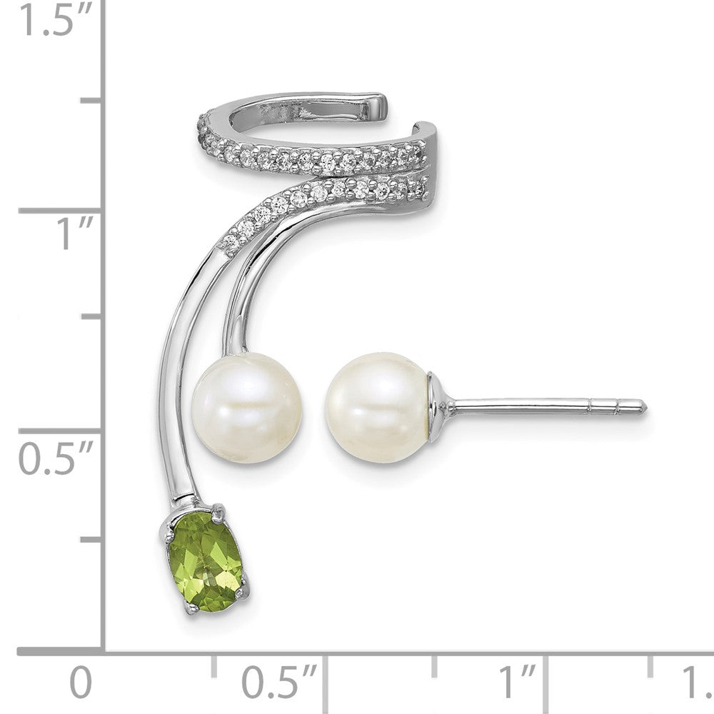 SS RH-plated CZ FWC Pearl Peridot Post and Cuff Asymmetric Earrings