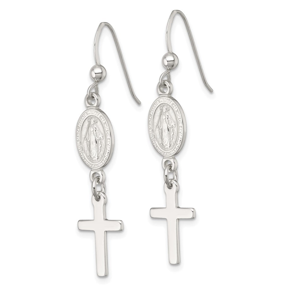Sterling Silver Polished Miraculous Medal and Cross Dangle Earrings