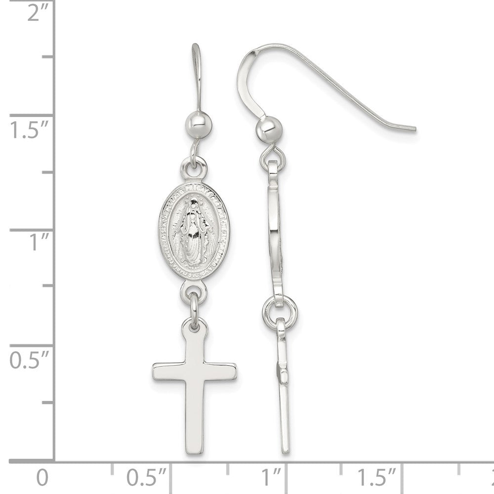 Sterling Silver Polished Miraculous Medal and Cross Dangle Earrings