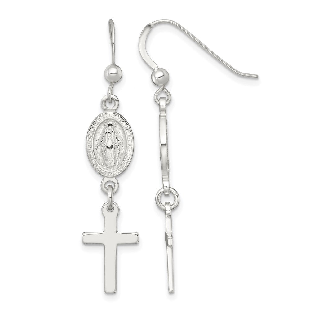 Sterling Silver Polished Miraculous Medal and Cross Dangle Earrings