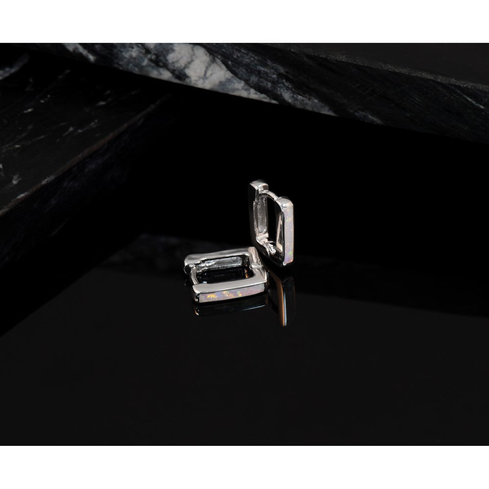 Sterling Silver Rhodium-plated Created Opal Square Hoop Earrings
