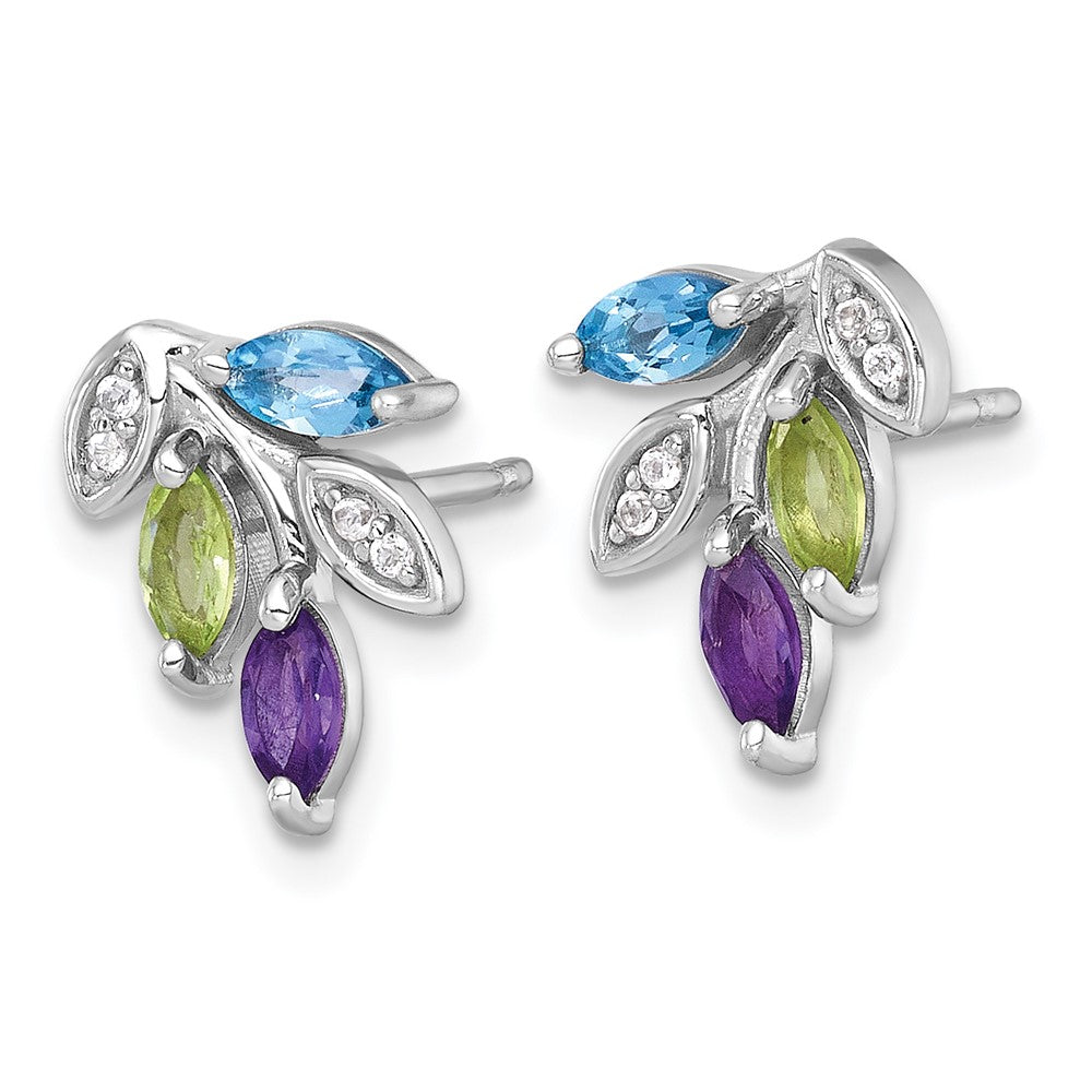 SS RH-pltd Amethyst/Blue White Topaz/Peridot Leaf Post Earrings