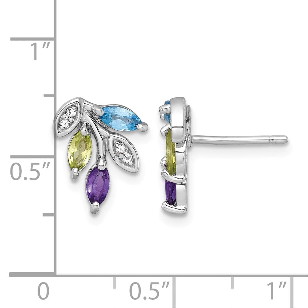 SS RH-pltd Amethyst/Blue White Topaz/Peridot Leaf Post Earrings