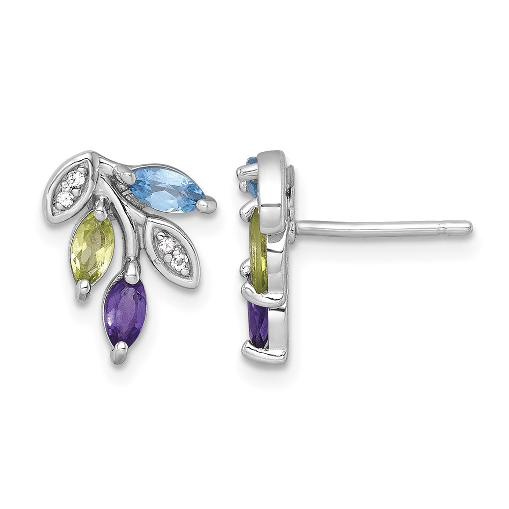 SS RH-pltd Amethyst/Blue White Topaz/Peridot Leaf Post Earrings
