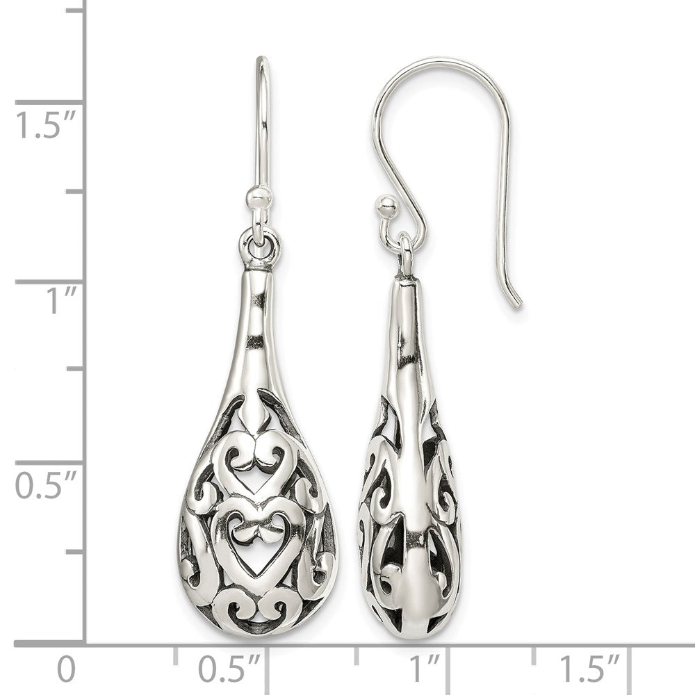 Sterling Silver Polished & Antiqued Filigree Heart Teardrop Dangle Earrings