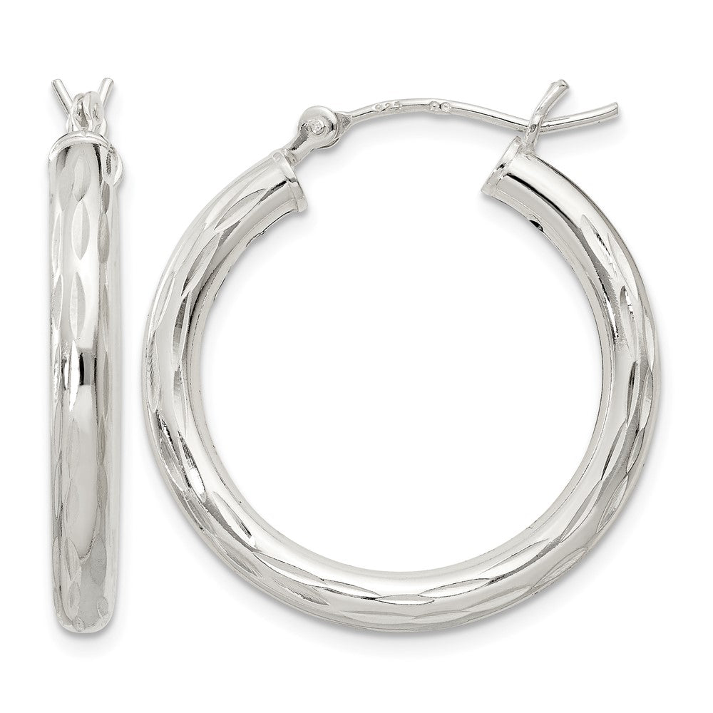 Sterling Silver Diamond-cut Satin 3x25mm Hoop Earrings