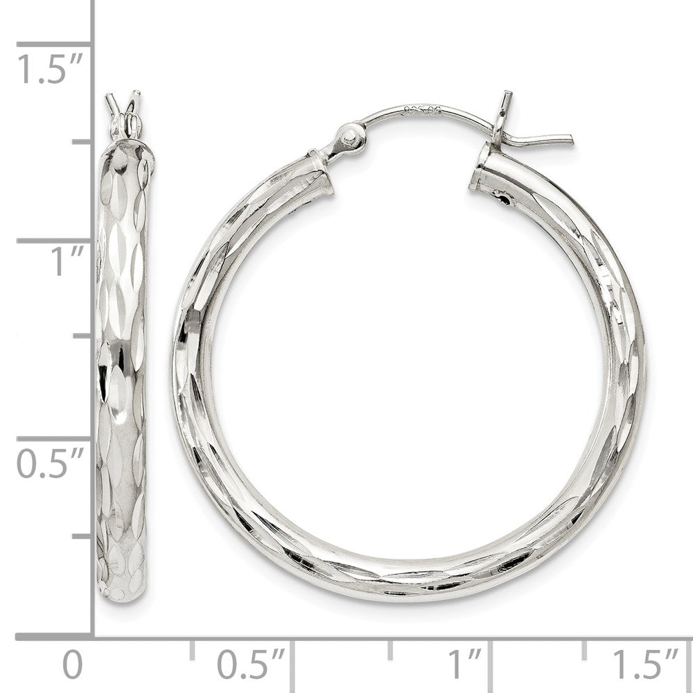 Sterling Silver Diamond-cut Satin 3x30mm Hoop Earrings