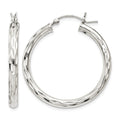 Sterling Silver Diamond-cut Satin 3x30mm Hoop Earrings
