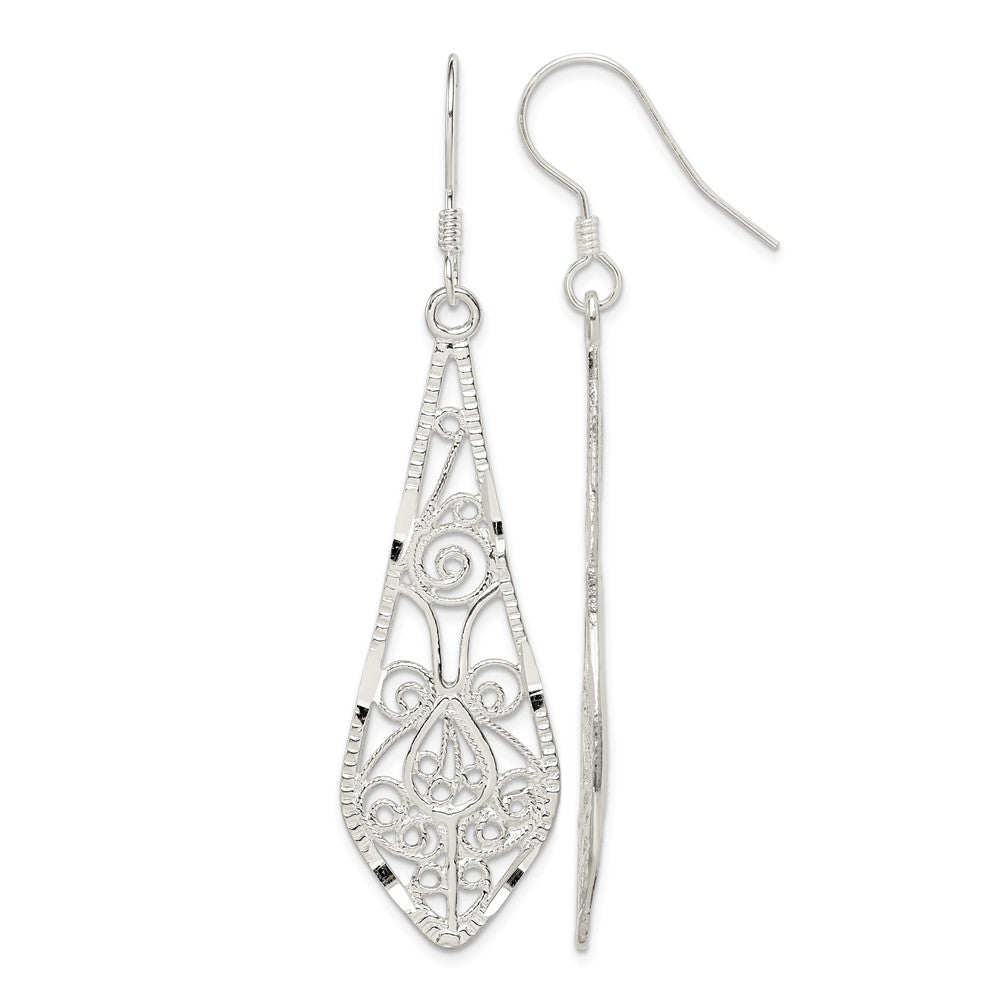 Sterling Silver Polished D/C Filigree Elongated Teardrop Dangle Earrings