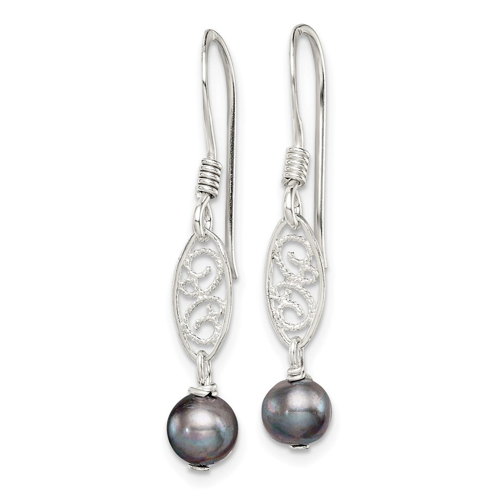 Sterling Silver Polished & Filigree Grey FW Cultured Pearl Dangle Earrings