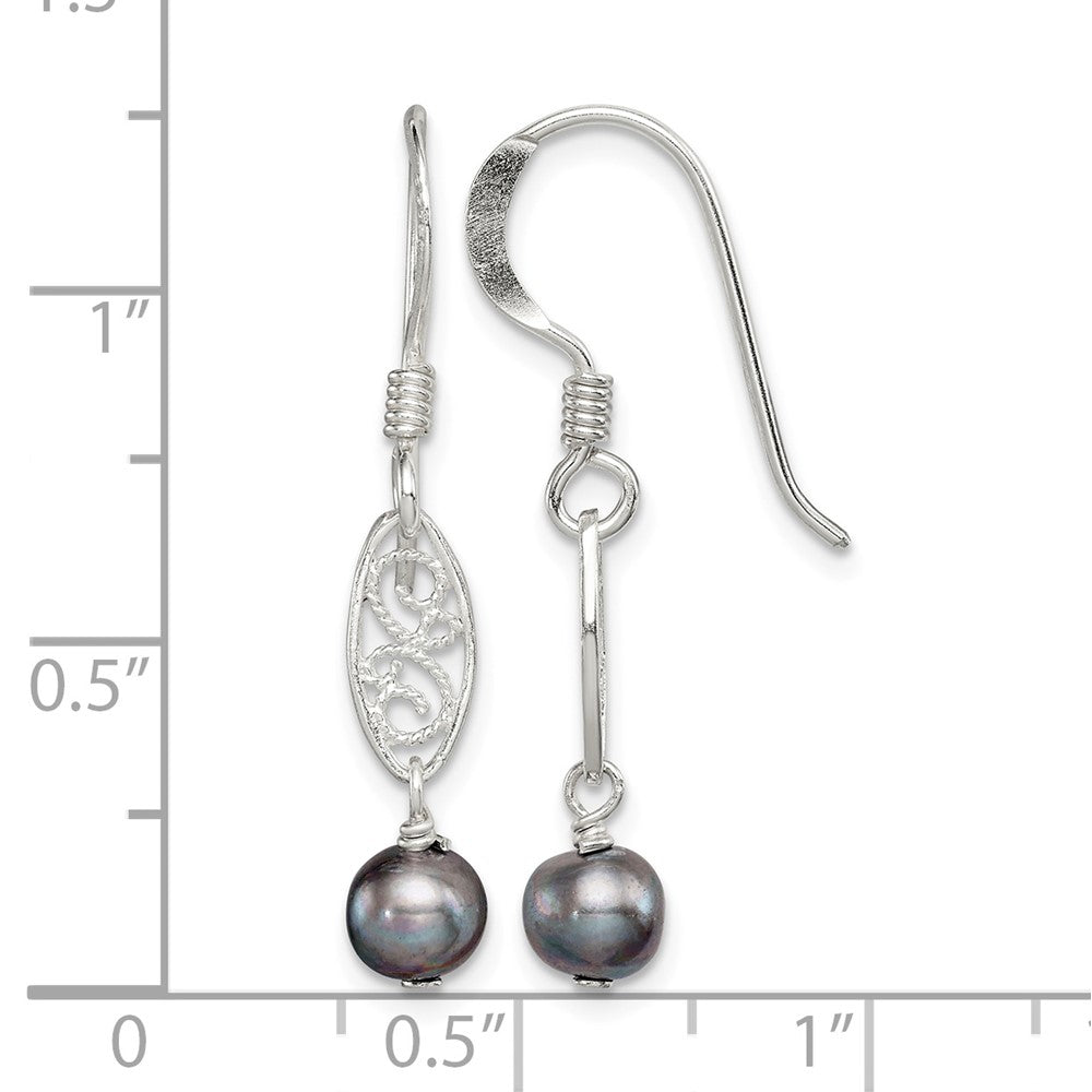 Sterling Silver Polished & Filigree Grey FW Cultured Pearl Dangle Earrings