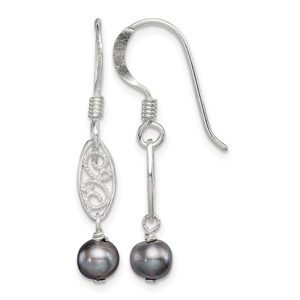 Sterling Silver Polished & Filigree Grey FW Cultured Pearl Dangle Earrings