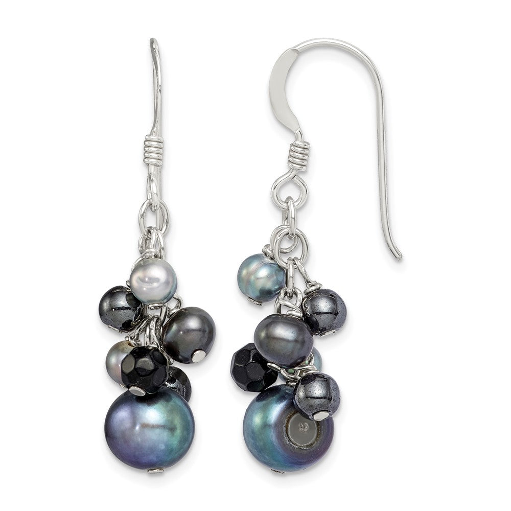 Sterling Silver Black/Grey FW Cultured Pearls and Onyx Dangle Earrings
