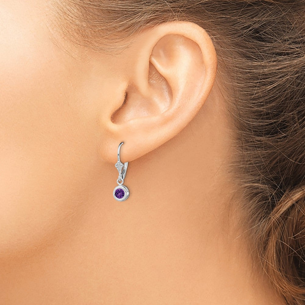 Sterling Silver Rhodium Plated 5mm Round Amethyst Leverback Earrings