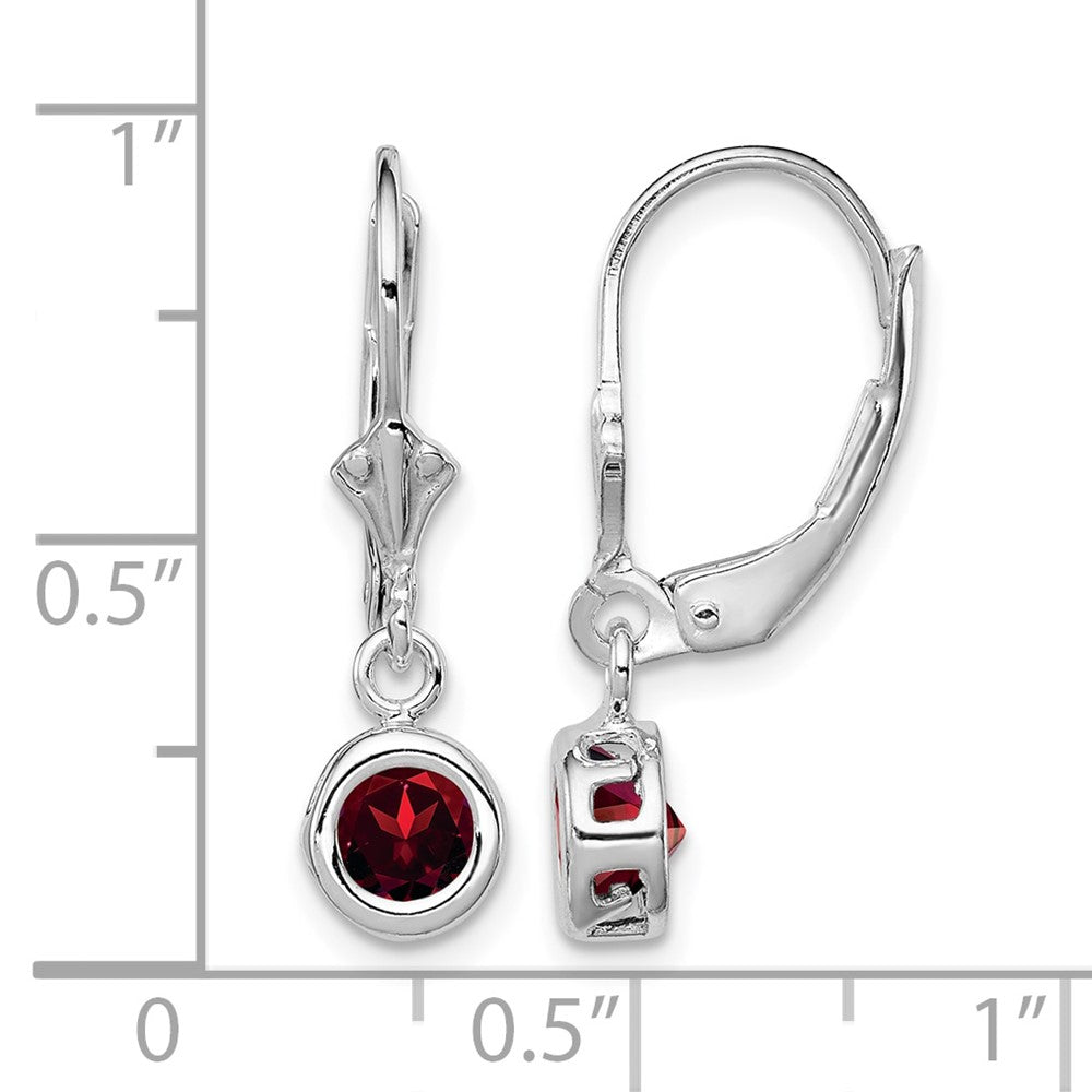 Sterling Silver Rhodium Plated 5mm Round Garnet Leverback Earrings