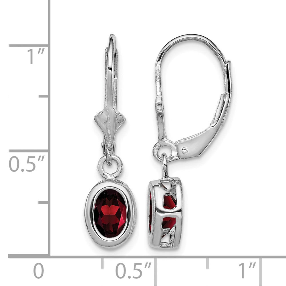 Sterling Silver Rhodium Plated 7x5mm Oval Garnet Leverback Earrings