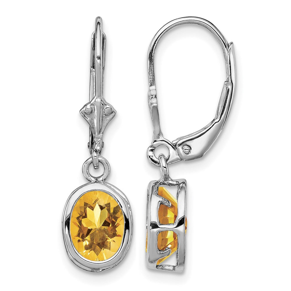 Sterling Silver Rhodium Plated 8x6mm Oval Citrine Leverback Earrings