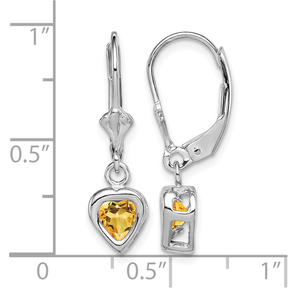 Sterling Silver Rhodium Plated 5mm Heart Citrine Leverback Earrings