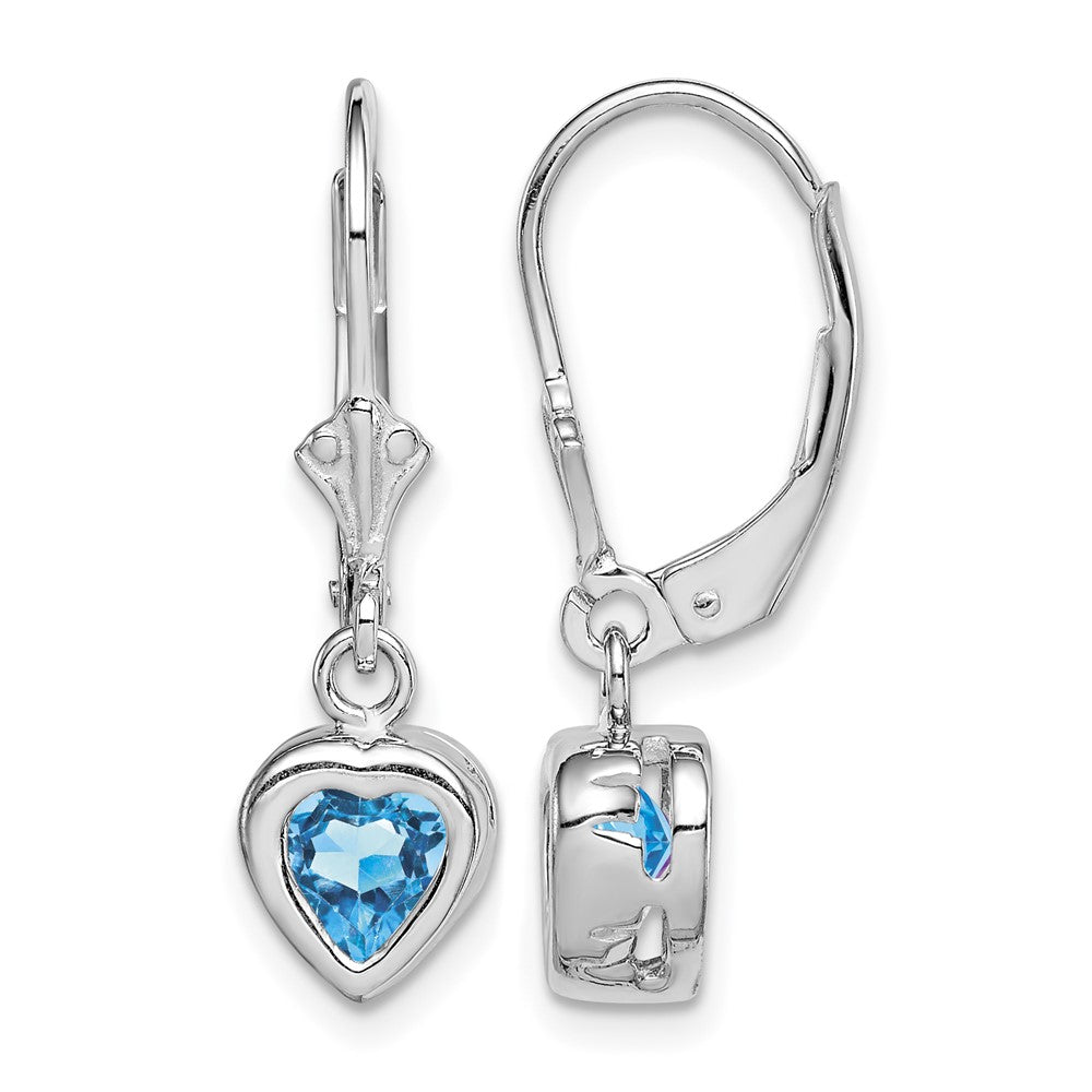 Sterling Silver Rhodium Plated 6mm Heart Blue Topaz Leverback Earrings