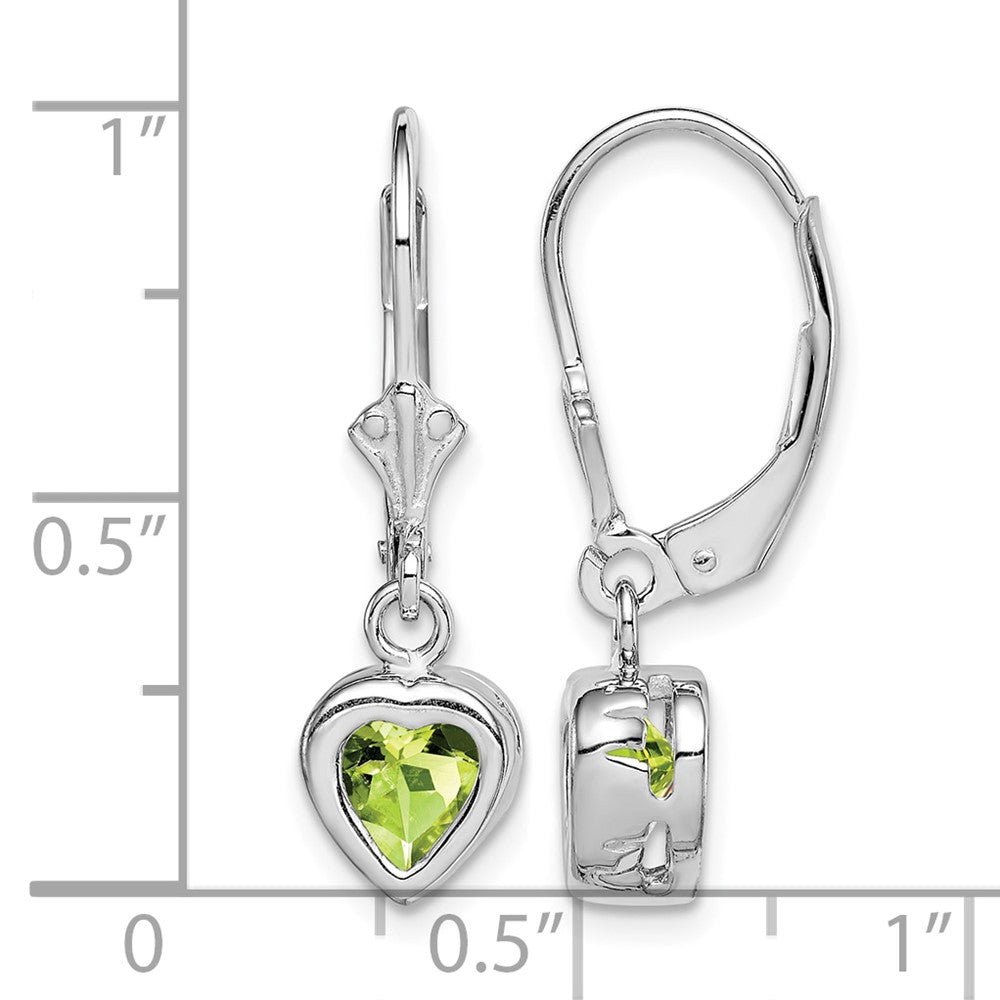 Sterling Silver Rhodium Plated 6mm Heart Peridot Leverback Earrings