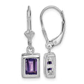 Sterling Silver RH Plated 7x5 Emerald Cut Amethyst Leverback Earrings
