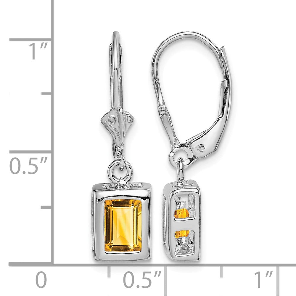 Sterling Silver Rhodium Plated 7x5 Emerald Cut Citrine Leverback Earrings