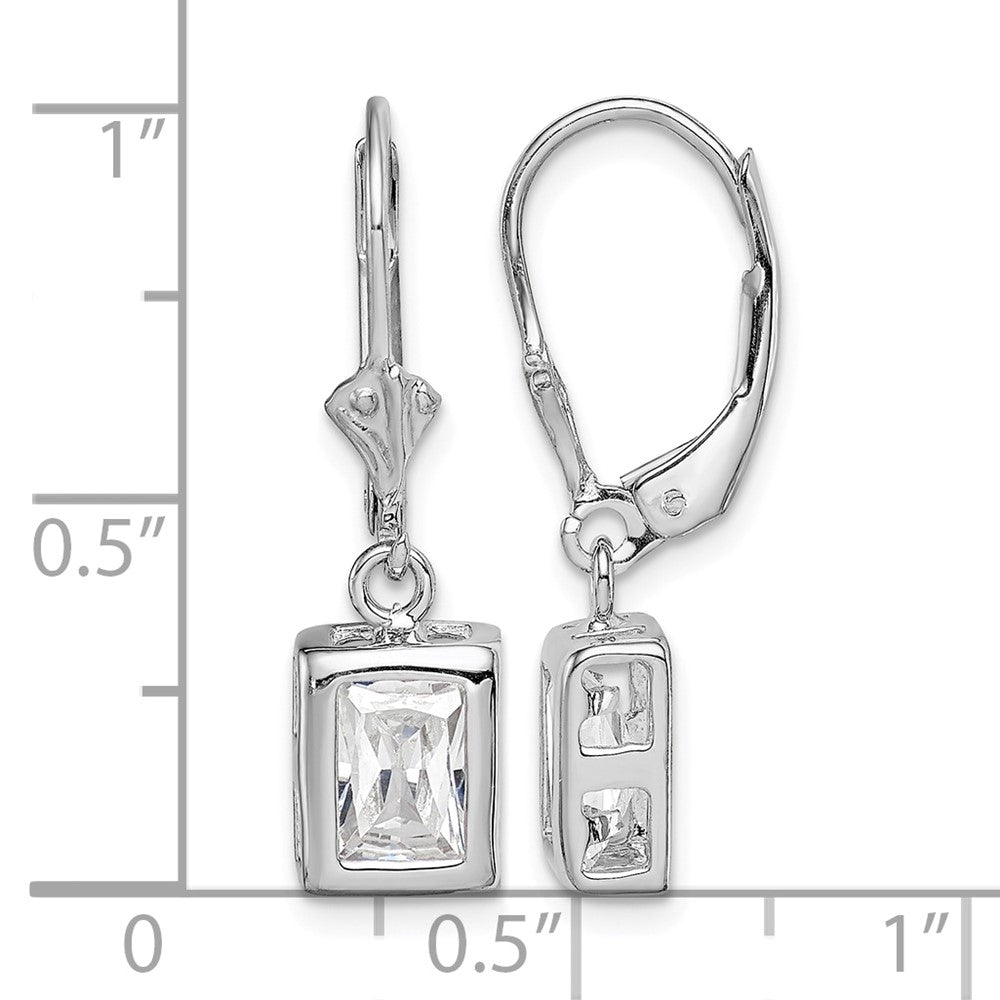 Sterling Silver Rhodium Plated 7x5 Emerald Cut CZ Leverback Earrings