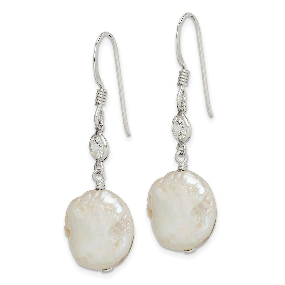 Sterling Silver Polished FW Cultured Coin Pearl & CZ Dangle Earrings