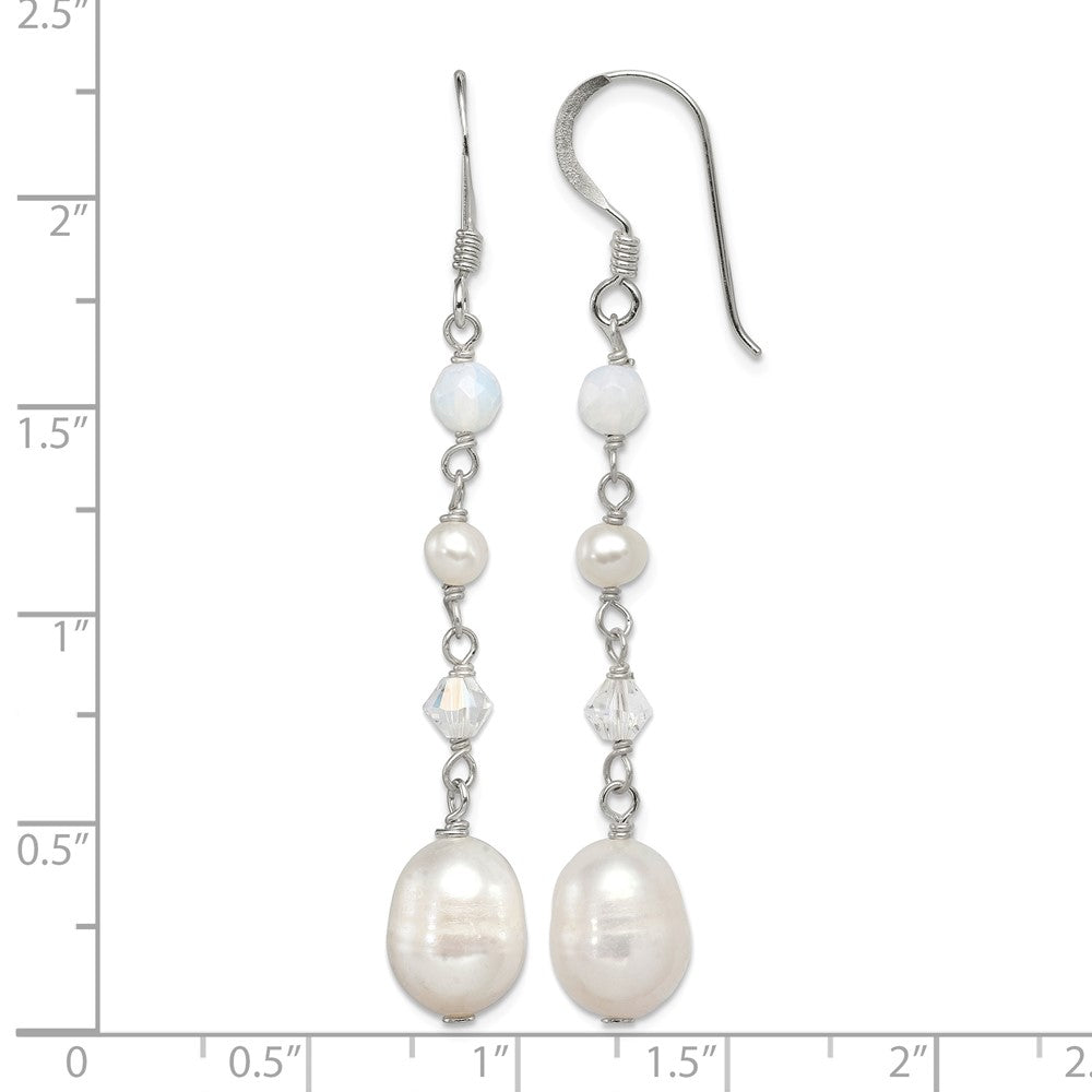 Sterling Silver Polished FWC Pearl/Opalite Crystal/Crystal Dangle Earrings