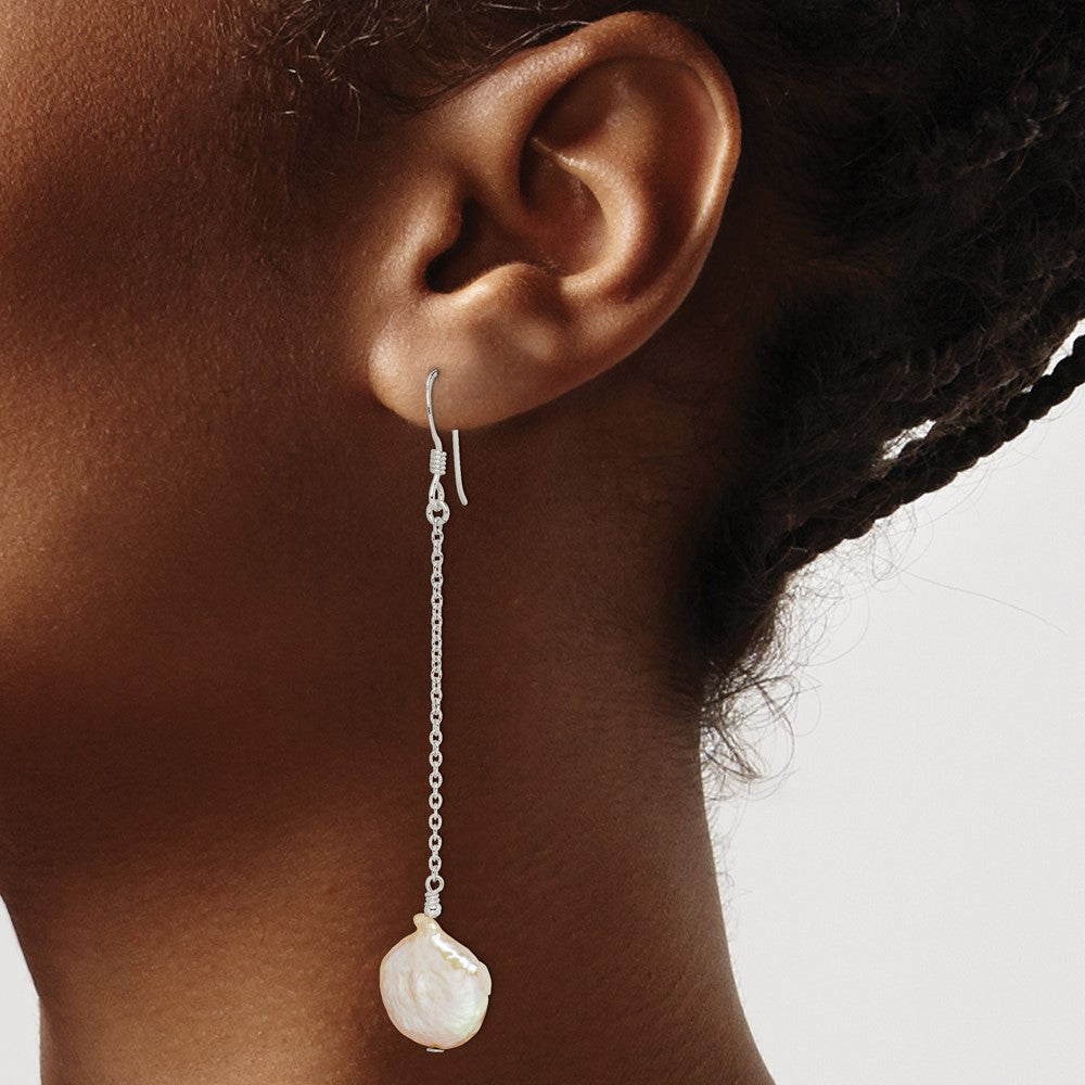 Sterling Silver Polished Freshwater Cultured Coin Pearl Dangle Earrings